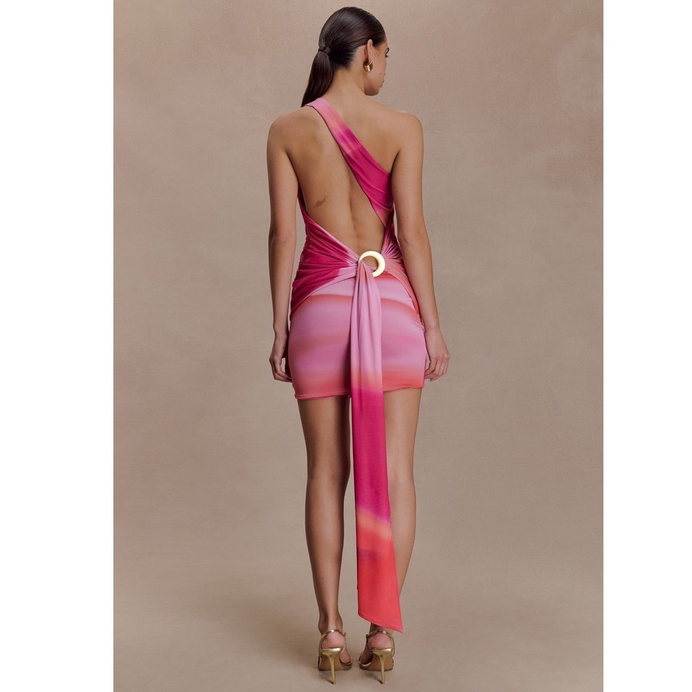 MESHKI Kiana Pink Ombre One Shoulder Open Back Ring Detail Mini Dress XXS NWOT